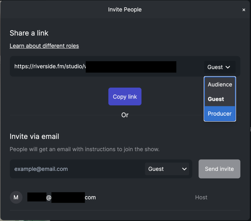 Riverside.fm Producer invite screenshot from Host window